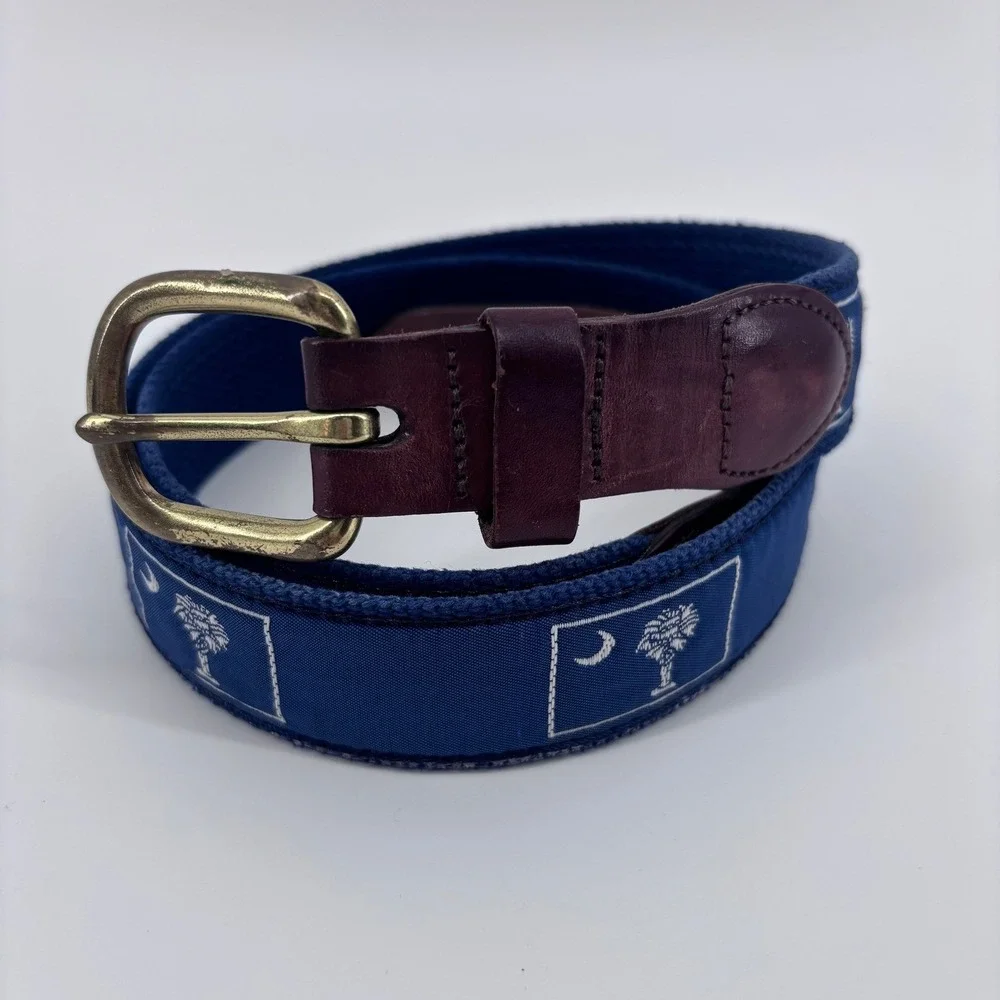 South Carolina Webbed Belt Mens 36 Blue Canvas Palmetto Moon Leather Trim